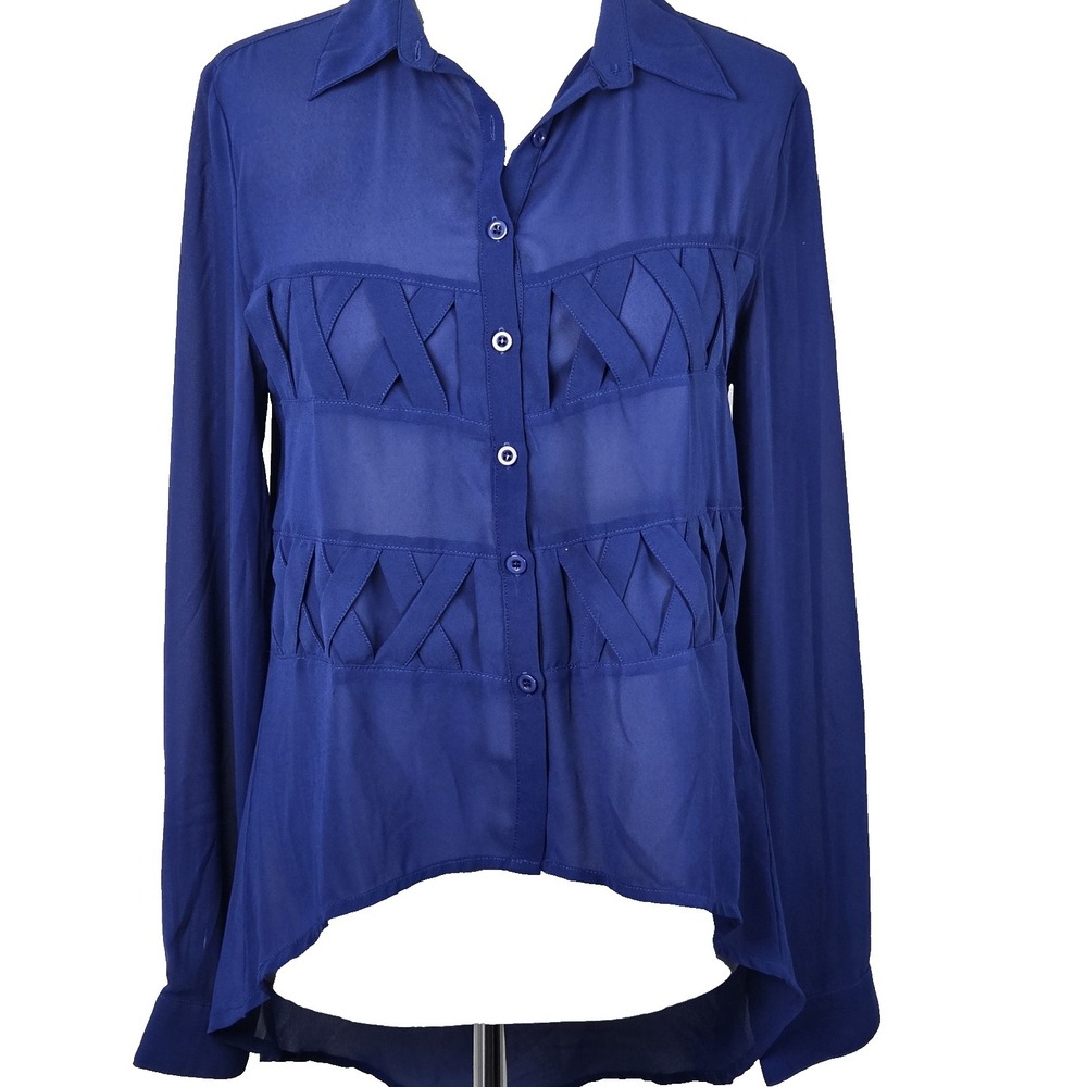 Cobalt Blue Chiffon Button Front Criss Cross Lace Detail Blouse Shell Size Small